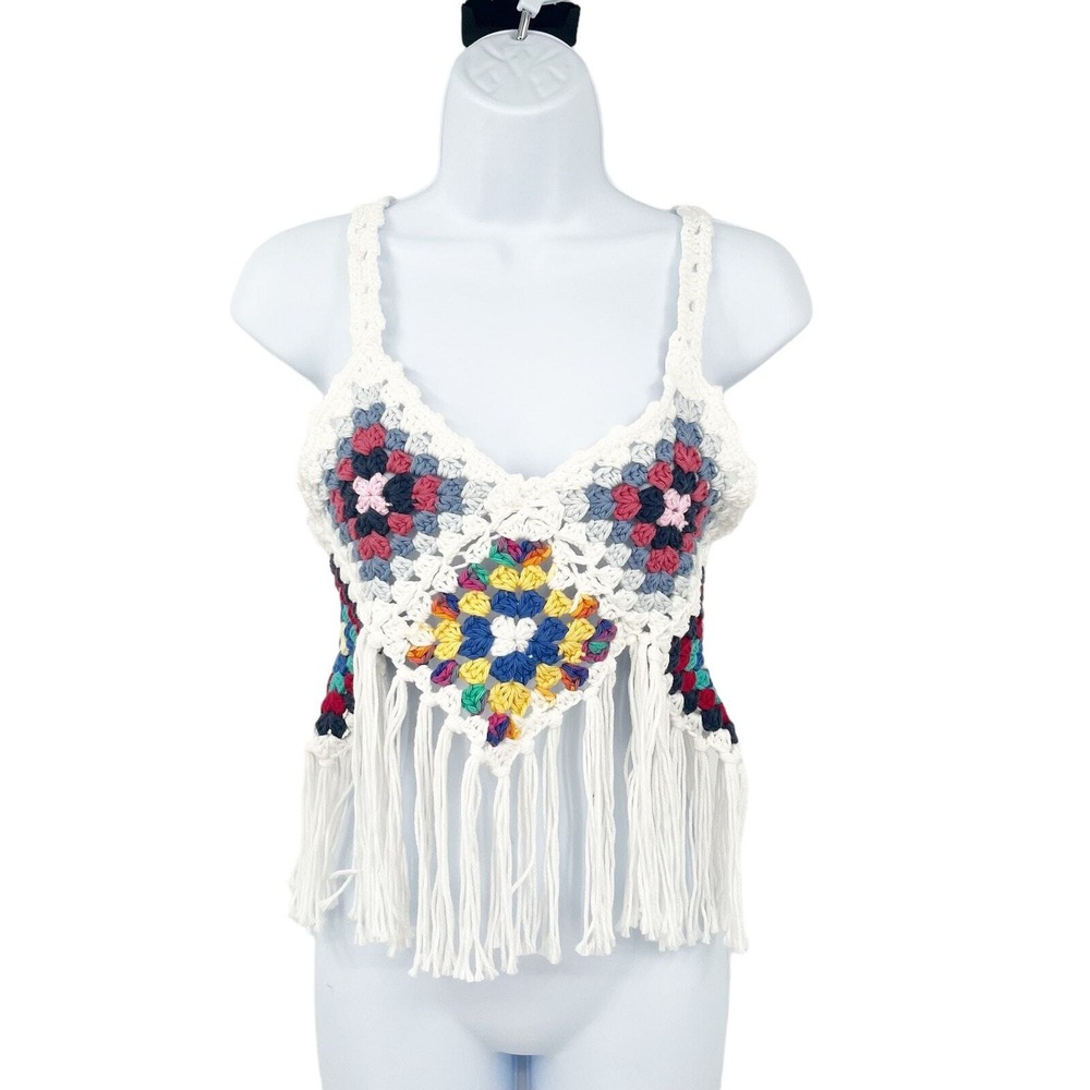 Womens‎ Crochet Granny Square Boho Festival Coachella Beach Fringe Crop Top OS